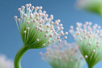 Close-up of delicate green stems with pink spherical buds against blue background