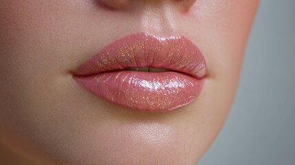 Fototapeta premium Glossy pink lips close-up with glitter detail