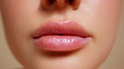 Fototapeta premium Close-up of glossy pink lips with glittery shine on female caucasian adult
