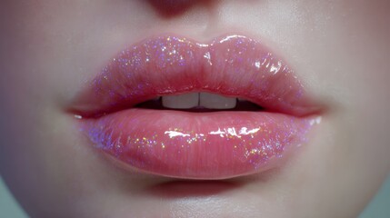 Obraz premium Close-up of glossy pink lips with iridescent sparkle