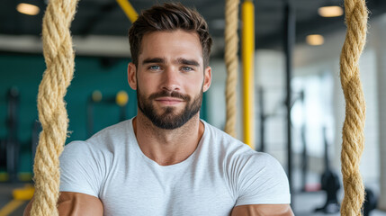 Obraz premium Fit man with beard gym strong physique workout fitness exercise healthy lifestyle training ropes