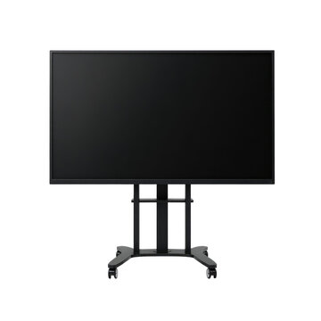 Metal TV stand on wheels with a large flat screen TV front view isolated on a transparent background for use in product displays or promotional materials.