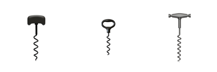 Three Different Types of Bottle Openers and Corkscrews Isolated on transparent Background for Kitchenware and Barware Concepts