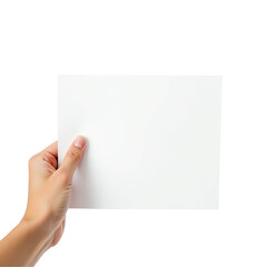 Fototapeta premium Hand holding blank white paper with one hand on transparent background for versatile use in presentations, mockups, and creative designs