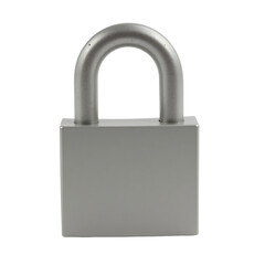 Silver padlock with a curved shackle positioned frontally on a transparent background, featuring soft focus effect and isolated presentation for emphasis on design and details.