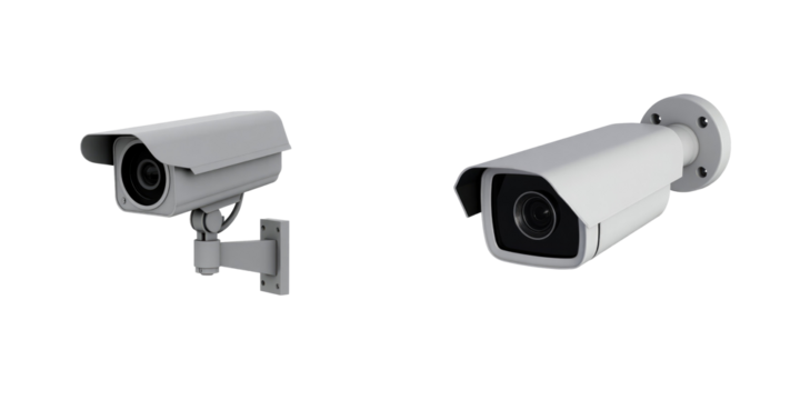 CCTV surveillance cameras isolated on a transparent background featuring two distinct styles one mounted on a wall and the other with a fixed mount for versatile security applications
