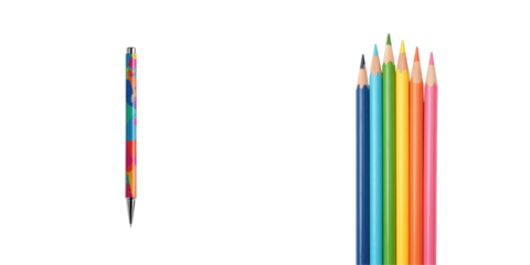colorful pen and set of colored pencils arranged on isolated transparent background showcasing vibrant hues and various sizes of drawing instruments