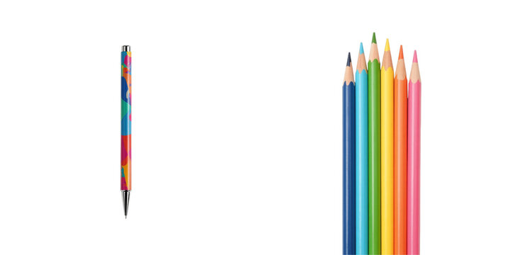 colorful pen and set of colored pencils arranged on isolated transparent background showcasing vibrant hues and various sizes of drawing instruments