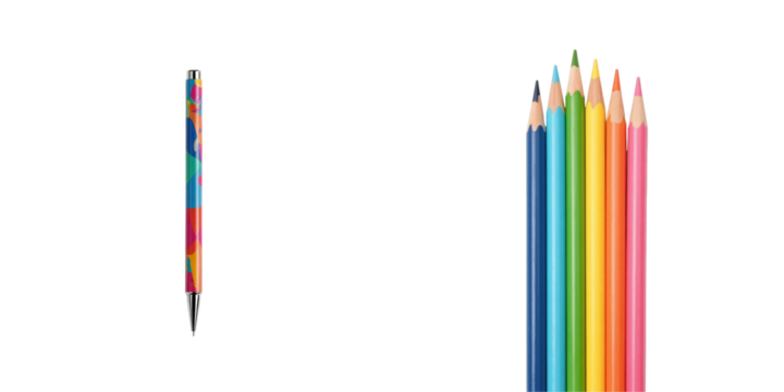colorful pen and set of colored pencils arranged on isolated transparent background showcasing vibrant hues and various sizes of drawing instruments