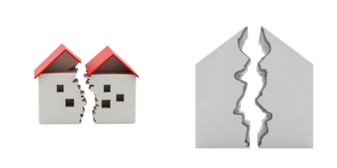 concept of property division after divorce featuring two broken house models with red roofs on a transparent background illustrating separation of assets