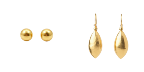 Pair of gold earrings featuring round studs and elegant drops isolated on transparent background showcasing detailed craftsmanship and design
