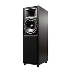 Obraz premium High-fidelity speaker tower with a sleek transparent finish featuring a large subwoofer and horn-style tweeter, isolated on a transparent background for versatile use in design projects.