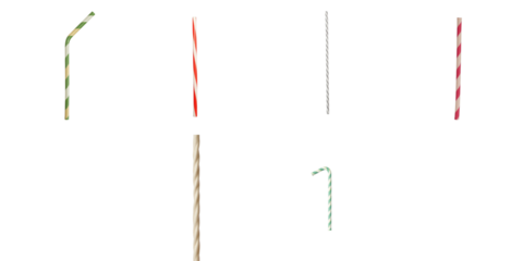 Collection of various colorful drinking straws in different shapes and patterns isolated on a transparent background for use in designs and presentations.