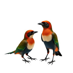 Red-headed trogon male and female perched together displaying vibrant plumage against a transparent background, highlighting their detailed features and coloration.