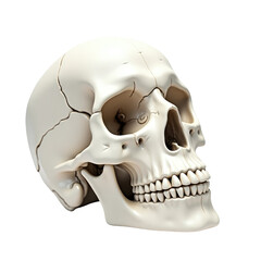 Obraz premium Realistic human skull model from the side view with detailed cracks and textures isolated on transparent background representing mortality and income challenges