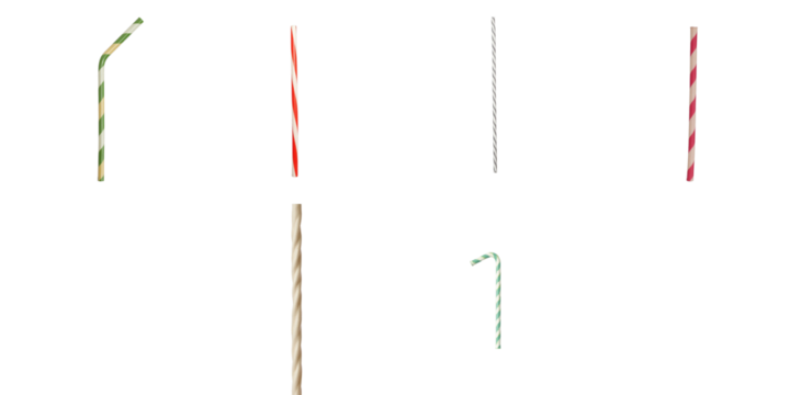 Collection of various colorful drinking straws in different shapes and patterns isolated on a transparent background for use in designs and presentations.