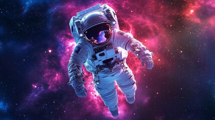 Astronaut floating in neon-lit space. Futuristic 3D scene filled with glowing lights.