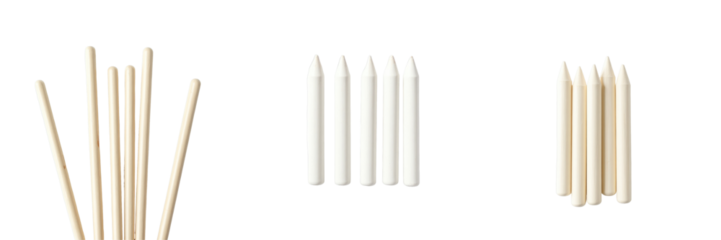 Various colored plastic dowels arranged in groups on a transparent background highlighting their shapes and sizes for use in instructional materials and design projects.