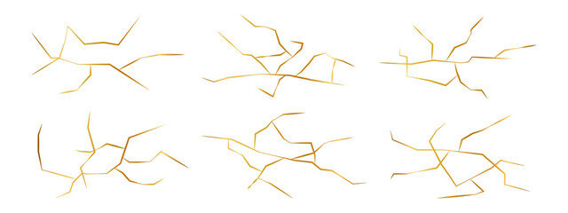 Obraz premium Set of gold kintsugi crack vector isolated elements. Golden material of kintsugi restoration