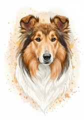 Collie dog portrait with watercolor effects on a white background  