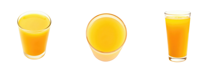 Set of three glasses filled with fresh orange juice displayed from different angles on a transparent background with a solid transparent backdrop