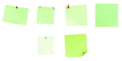 collection of blank green sticky notes with pushpins isolated on transparent background arranged in various sizes and orientations