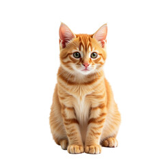 Obraz premium Orange tabby cat sitting upright with striking green eyes and distinctive striped fur, isolated on a transparent background, showcasing its playful and alert expression.