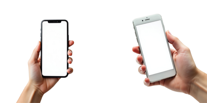 hand holding two smartphones with blank screens mockup on transparent background showcasing mobile device technology for advertising and marketing purposes
