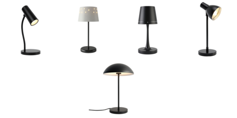 Collection of modern transparent table lamps with various designs and LED lighting features isolated on a transparent background for versatile display purposes