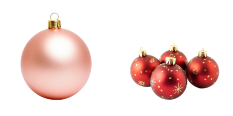 Christmas ornaments including a single pink matte ball and a cluster of four red balls with decorative patterns, all isolated on a transparent background for clean presentations.