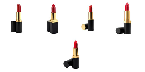 Obraz premium Collection of red lipstick tubes with transparent and gold packaging isolated on transparent background, showcasing various angles and designs, perfect for beauty product presentations