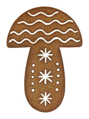 Gingerbread mushroom with glazed white patterns hand drawn mixed media illustration isolated on transparent background