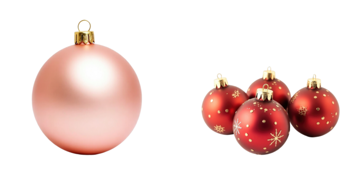 Christmas ornaments including a single pink matte ball and a cluster of four red balls with decorative patterns, all isolated on a transparent background for clean presentations.
