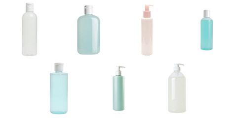 Various conditioning gel bottles in different shapes and sizes on transparent background with no reflections or shadows highlighting their labels and pump tops clearly visible