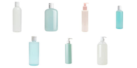 Various conditioning gel bottles in different shapes and sizes on transparent background with no reflections or shadows highlighting their labels and pump tops clearly visible