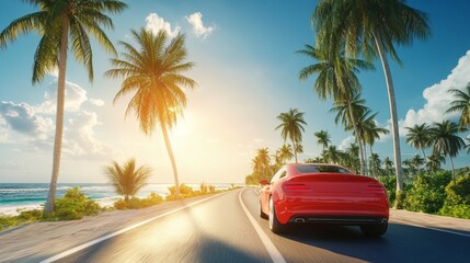 Car on summer road with palm trees and open sky. Background has free space for custom decoration or text. 