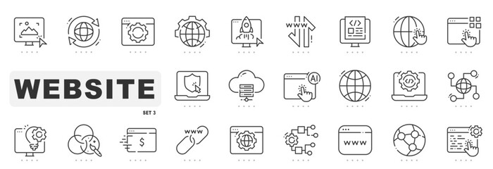 Set of website related line icons. Design, page, development, web etc. Editable stroke. Set 3
