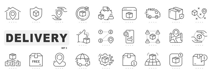 Set of delivery related line icons. Package, logistic, transport etc. Editable stroke. Set 3