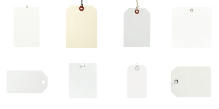 collection of assorted blank price tags in various shapes and colors isolated on transparent background for customizable labeling and pricing solutions