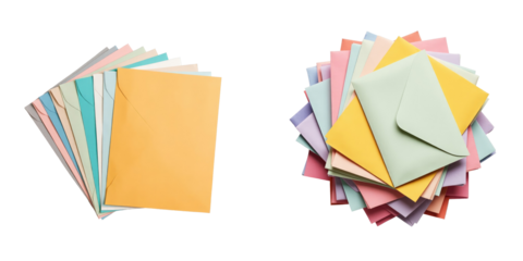 Close up detailed top view of a variety of multicolored envelopes arranged together on a transparent background, showcasing different colors and sizes of envelopes.
