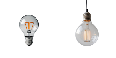 Vintage and modern light bulbs on a transparent background demonstrating different designs and styles of illumination technology isolated for clear visibility