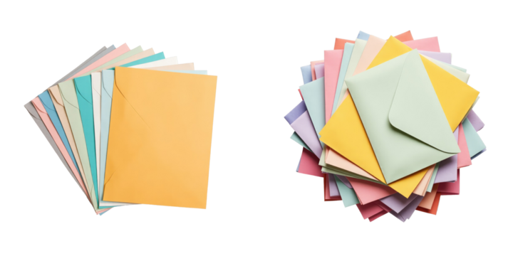 Close up detailed top view of a variety of multicolored envelopes arranged together on a transparent background, showcasing different colors and sizes of envelopes.