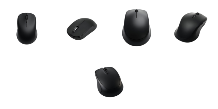transparent wireless computer mice arrangement on a transparent background showcasing various designs and shapes with ample copy space for text placement