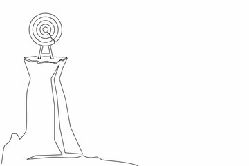 Single continuous line drawing archery target ring with arrows hitting bullseye on cliff. Dartboard on tripod. Goal achieving concept. Business success strategy symbol. One line graphic design vector