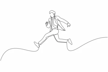  Single one line drawing businessman running fast with waving necktie. Late business person rushing in hurry to get on time. Successful man in suit run for work. Continuous line design vector graphic © Simple Line