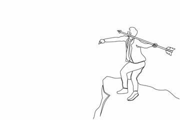 Continuous one line drawing happy determined strong businessman throwing rising up red arrow to achieve goal. Business growth, success and improvement concept. Single line draw design vector graphic