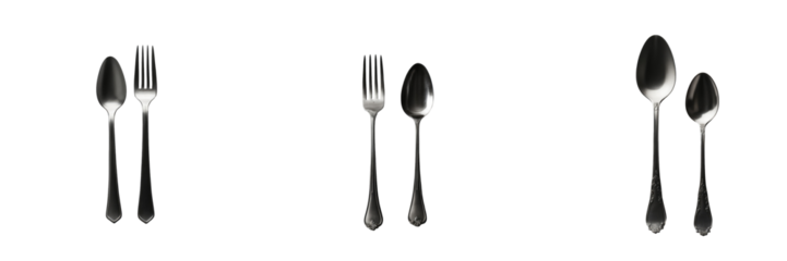 set of silver forks and spoons isolated on transparent background arranged in pairs showcasing different sizes and styles for culinary presentations