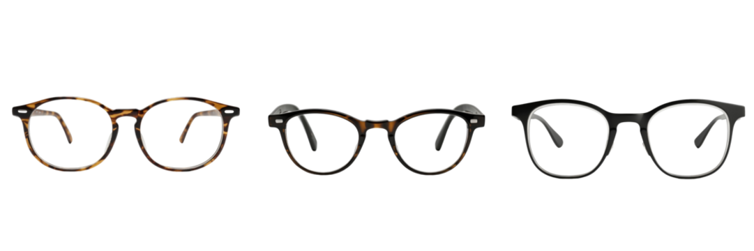 Three distinct pairs of eyeglasses with unique frame designs arranged in a straight row against a transparent background highlighting their features and styles.
