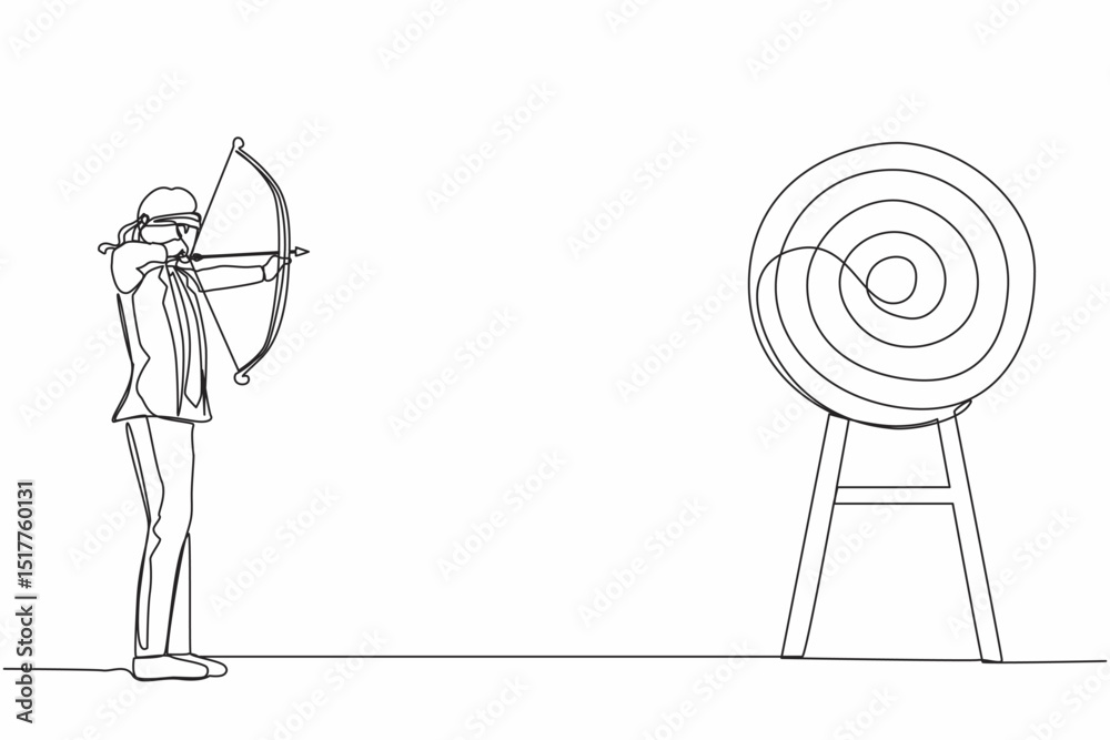 Poster single one line drawing businessman trying to shoot target with blindfold. trying to achieve goal wi