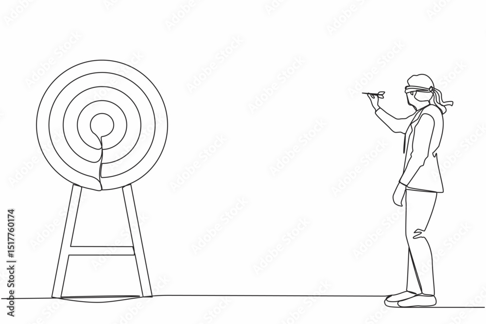 Poster single continuous line drawing businessman using blindfold and hit darts target. confused blindfold 